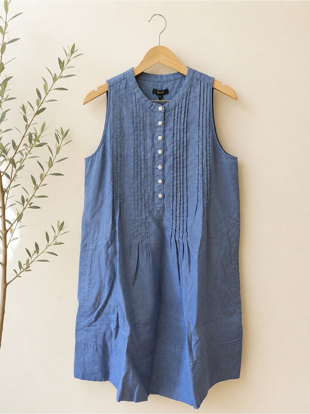 Quince Dusty Blue Linen Pintuck Button Blouse
